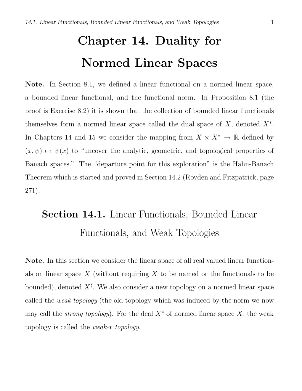 Chapter 14. Duality for Normed Linear Spaces