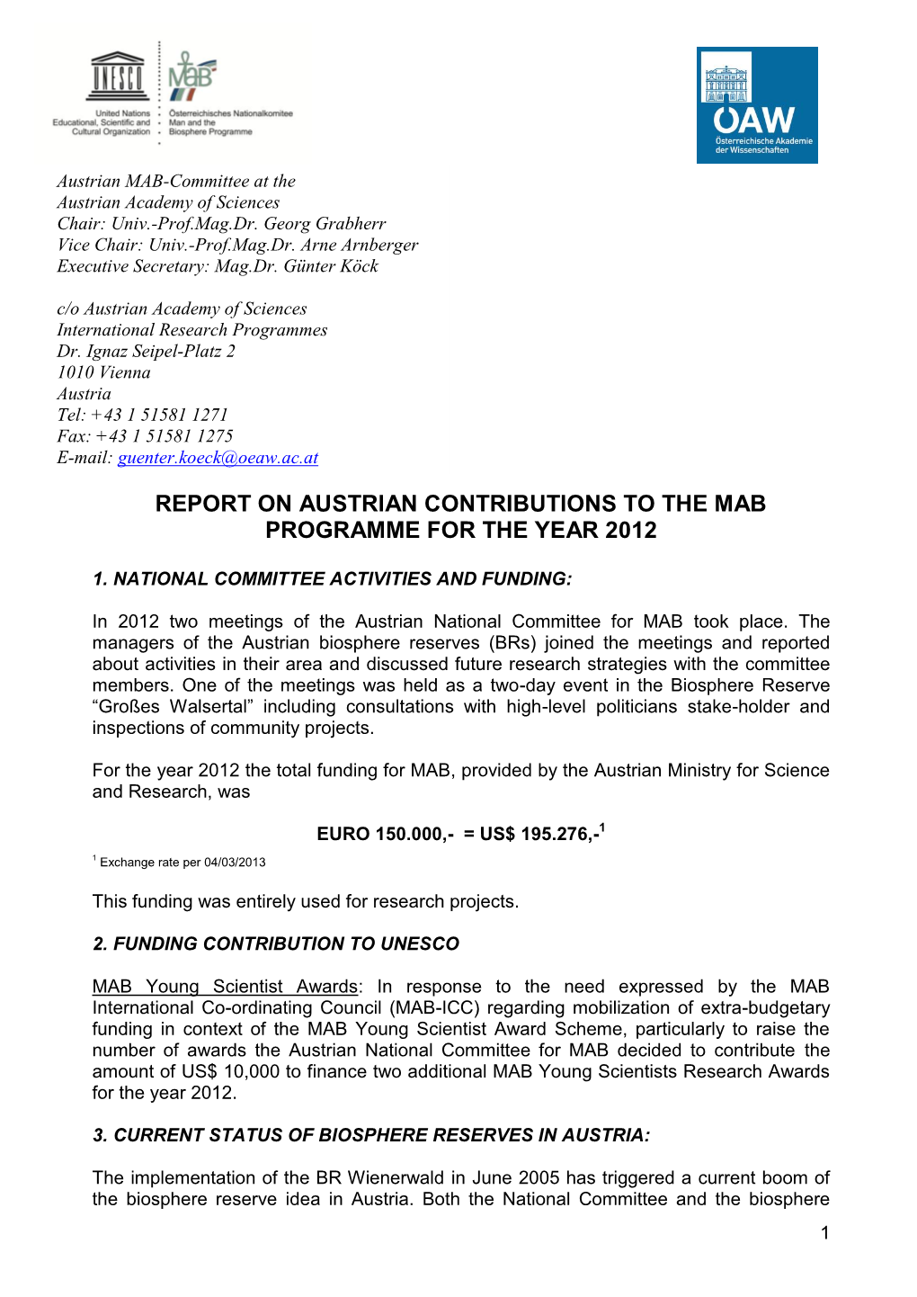 Report on Austrian Contributions to the Mab Programme for the Year 2012