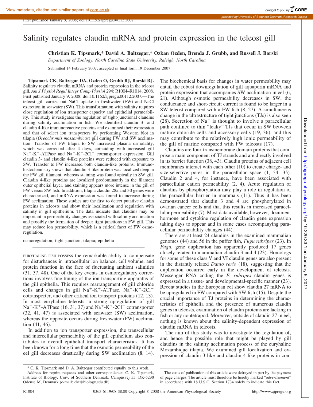 Salinity Regulates Claudin Mrna and Protein Expression in the Teleost Gill