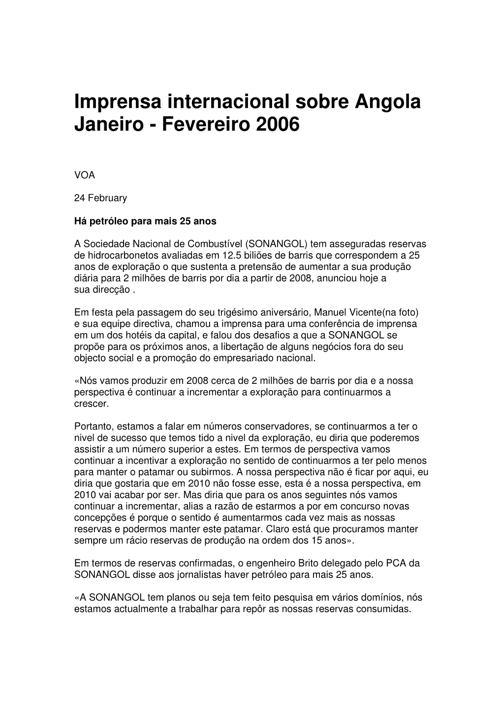 Imprensa Internacional Sobre Angola Janeiro - Fevereiro 2006