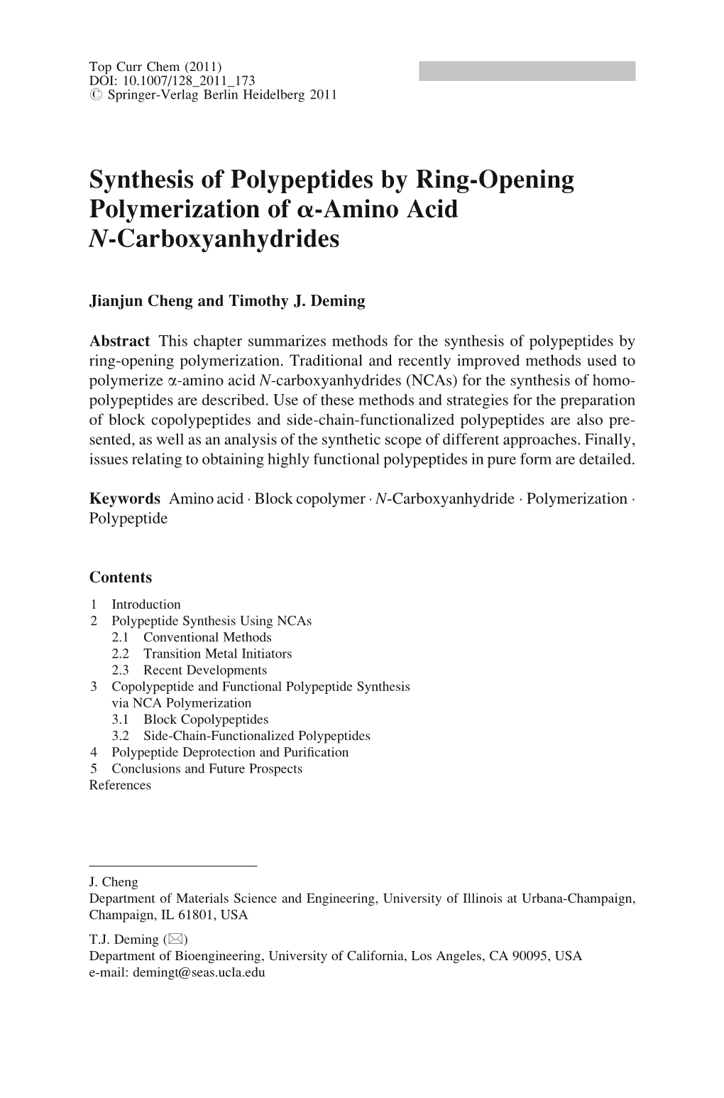Synthesis of Polypeptides by Ring-Opening Polymerization of A-Amino Acid N-Carboxyanhydrides