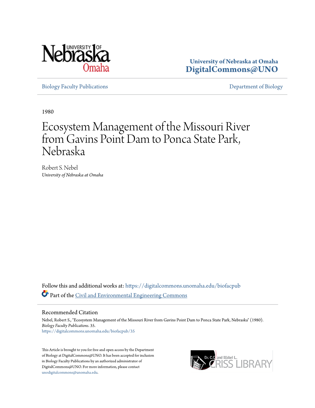 Ecosystem Management of the Missouri River from Gavins Point Dam to Ponca State Park, Nebraska Robert S