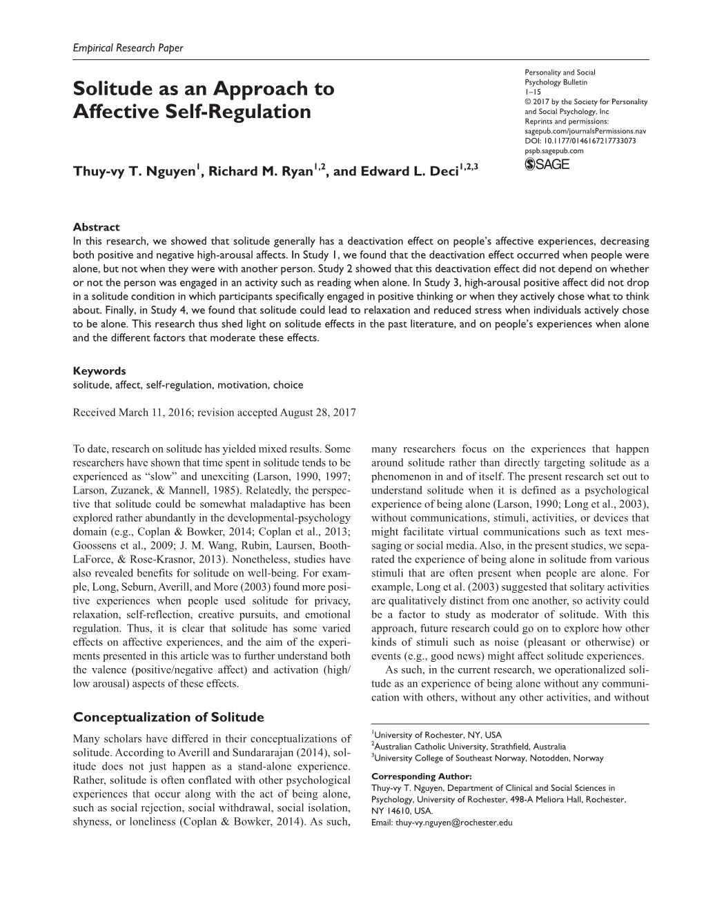 Solitude As an Approach to Affective Self-Regulation