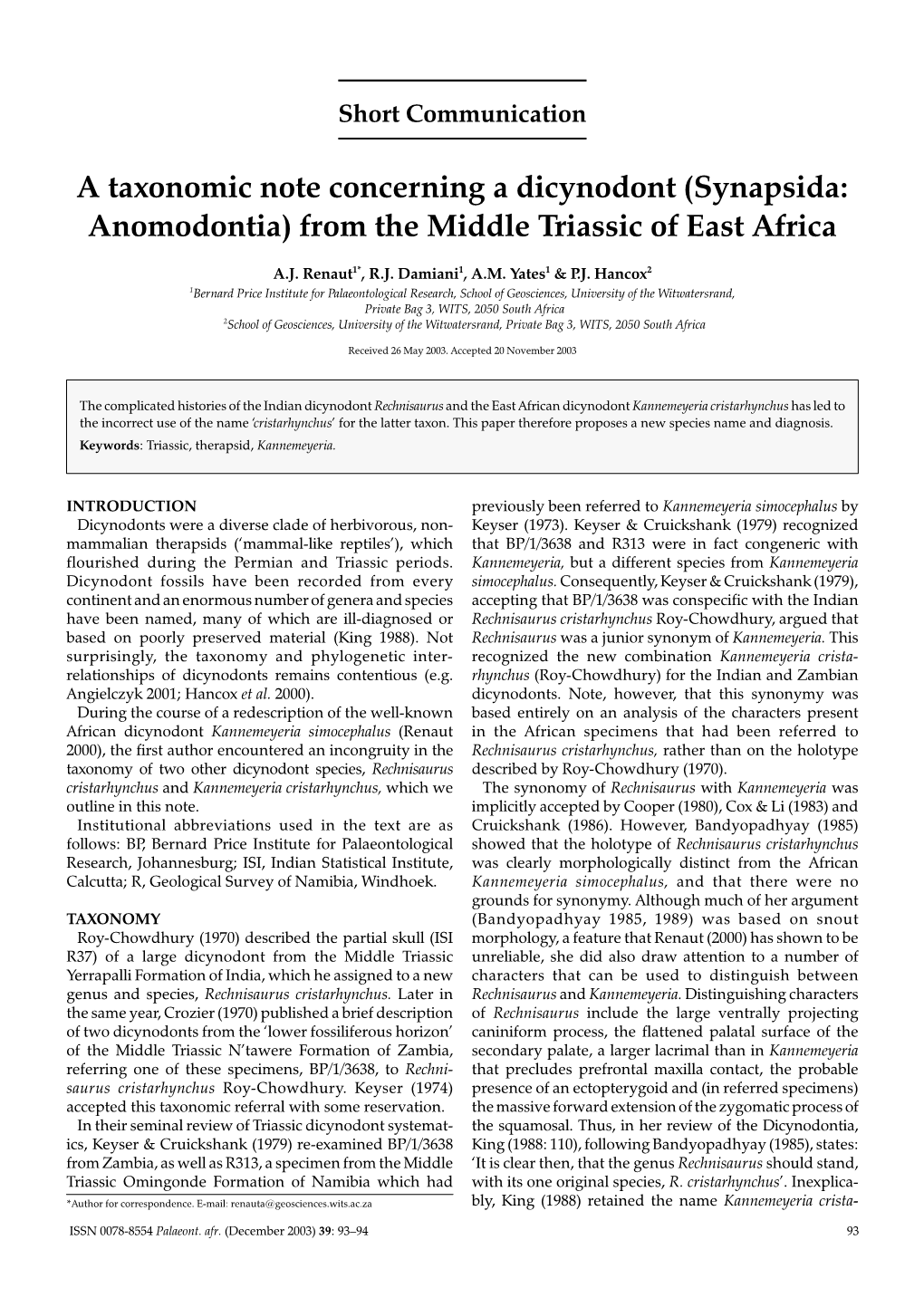 A Taxonomic Note Concerning a Dicynodont (Synapsida: Anomodontia) from the Middle Triassic of East Africa