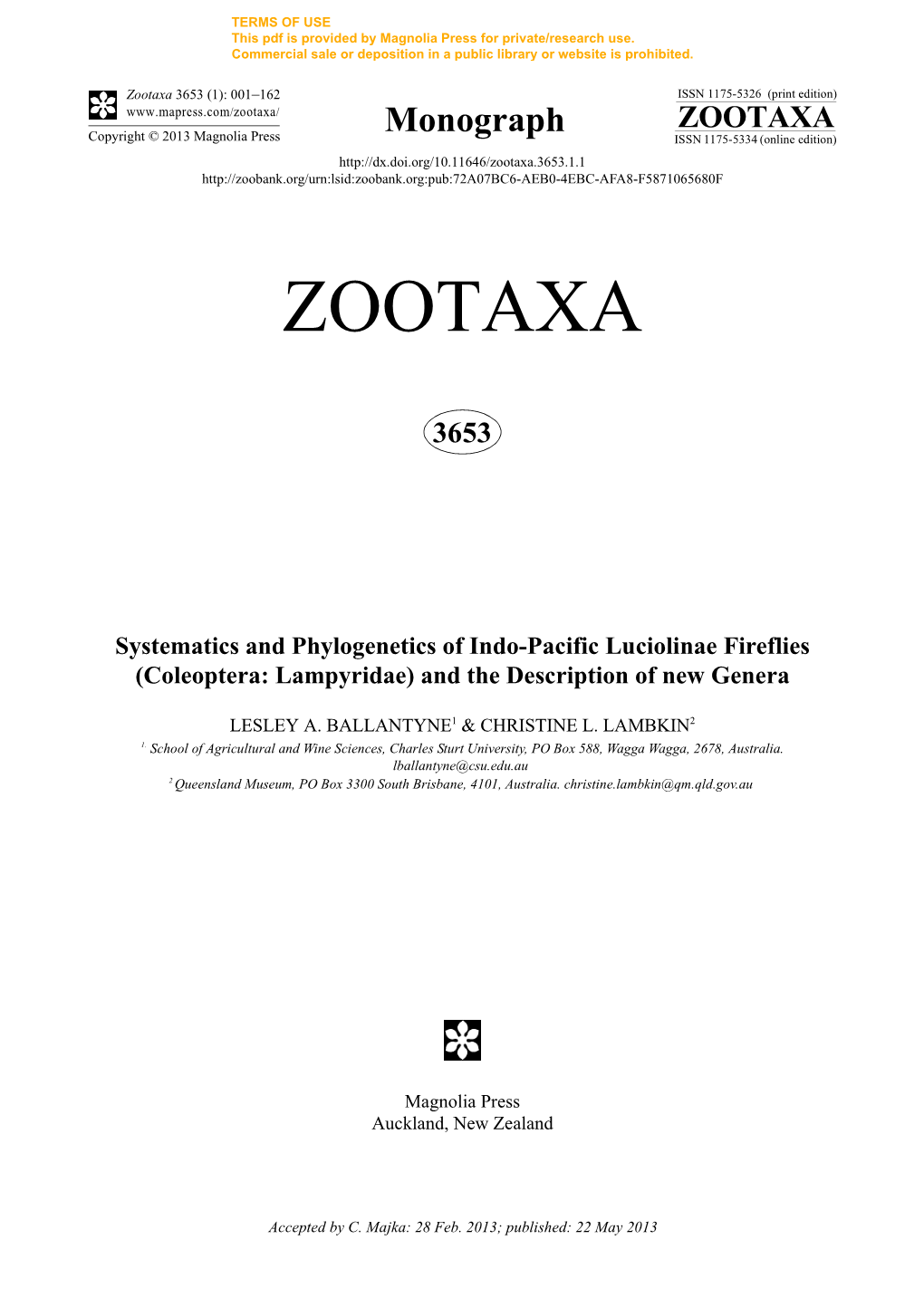 Coleoptera: Lampyridae) and the Description of New Genera