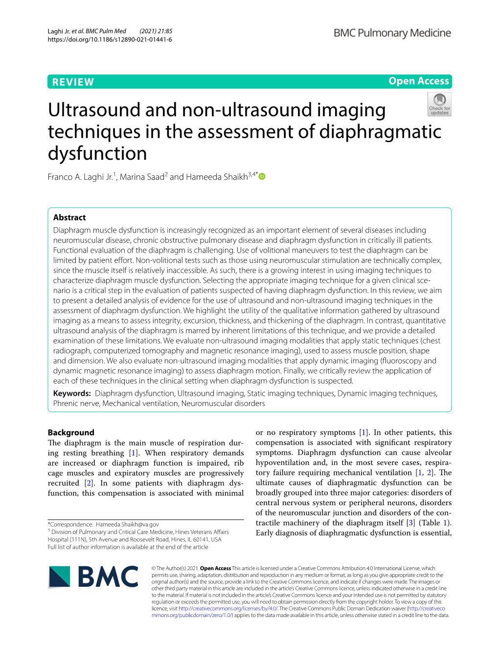 VIEW Open Access Ultrasound and Non‑Ultrasound Imaging Techniques in the Assessment of Diaphragmatic Dysfunction Franco A