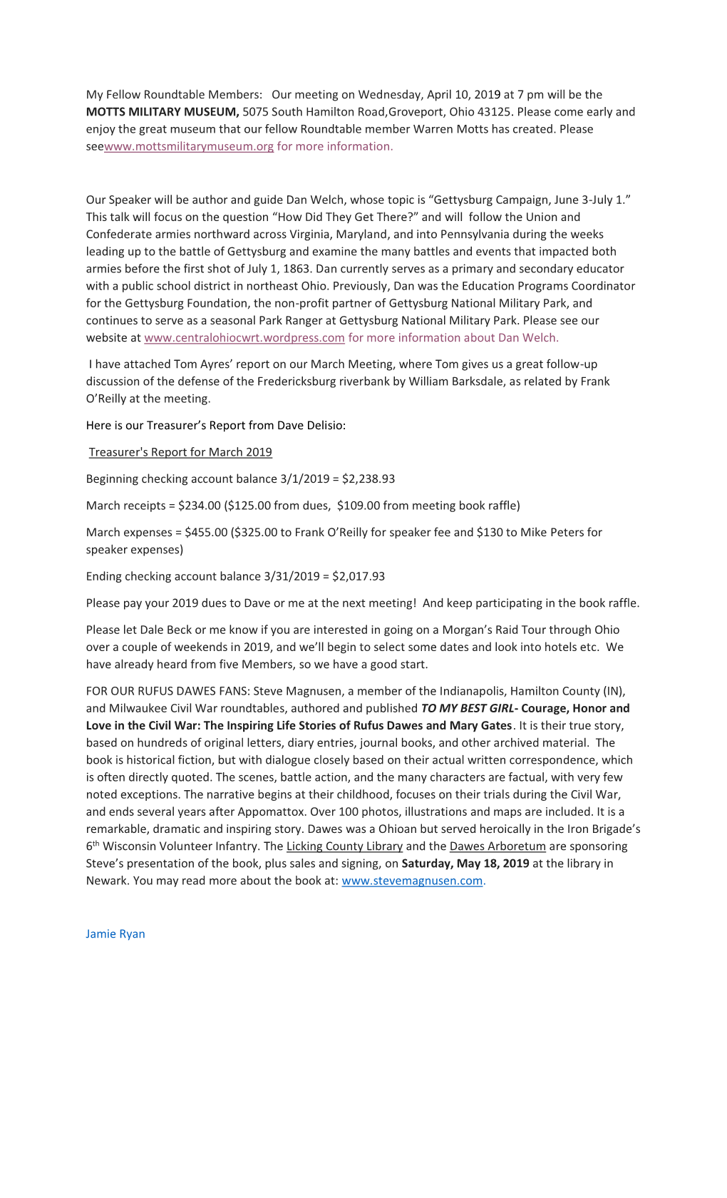 Our Meeting on Wednesday, April 10, 2019 at 7 Pm Will Be the MOTTS MILITARY MUSEUM, 5075 South Hamilton Road,Groveport, Ohio 43125