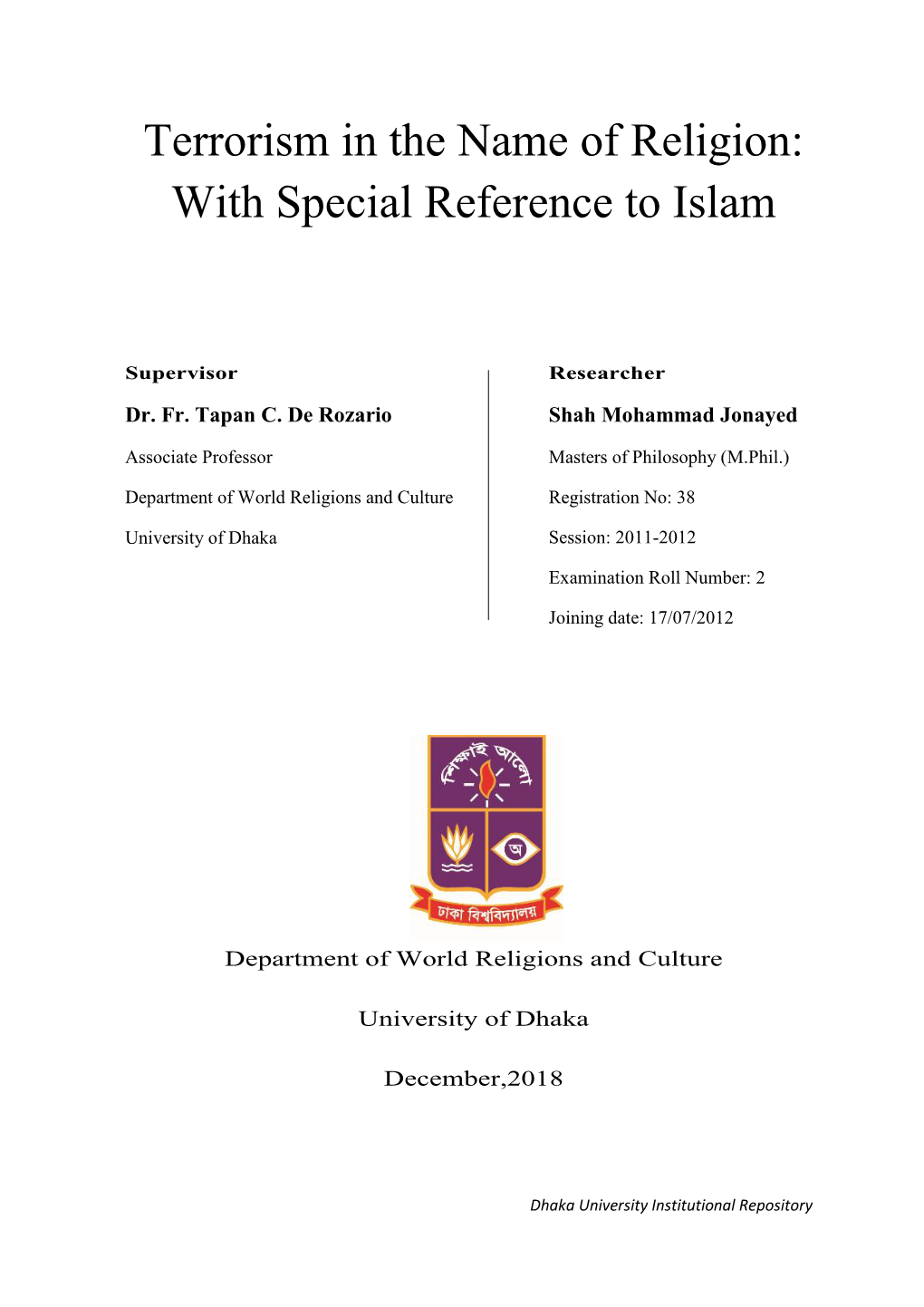 Terrorism in the Name of Religion: with Special Reference to Islam