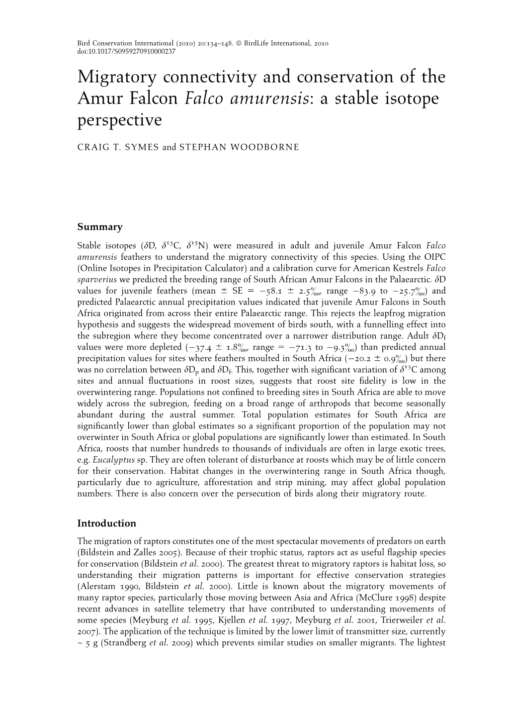 Migratory Connectivity and Conservation of the Amur Falcon Falco Amurensis: a Stable Isotope Perspective