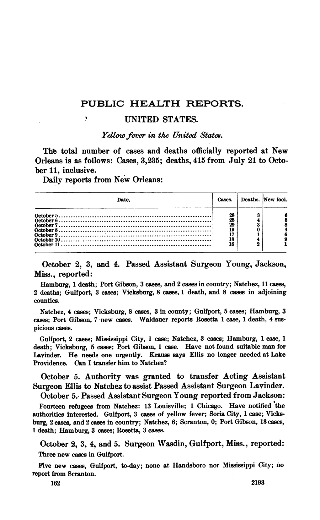 October 2, 3, 4, and 5. Surgeon Wasdirn, Gulfport, Miss., Reported: Three New Cases in Gulfport