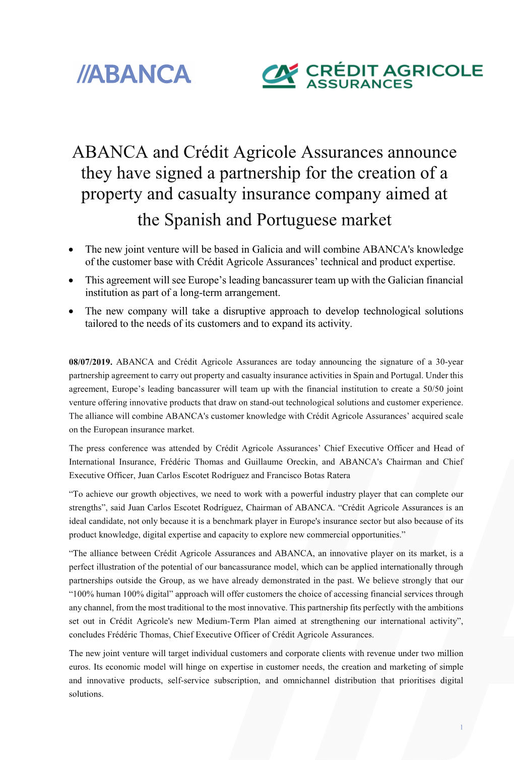 ABANCA and Crédit Agricole Assurances Announce They Have