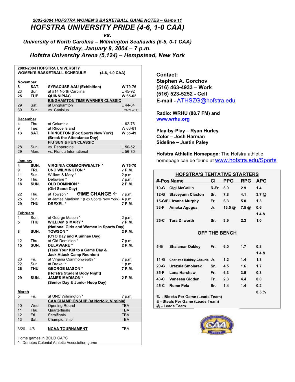 HOFSTRA UNIVERSITY PRIDE (4-6, 1-0 CAA) Vs