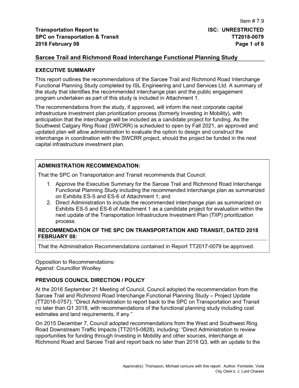 Sarcee Trail and Richmond Road Interchange Functional Planning Study