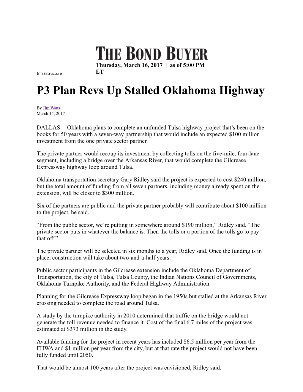 P3 Plan Revs up Stalled Oklahoma Highway