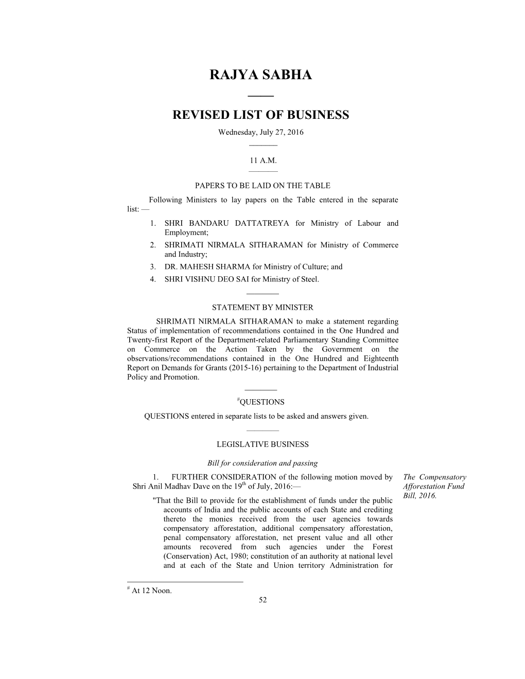 Rajya Sabha —— Revised List of Business