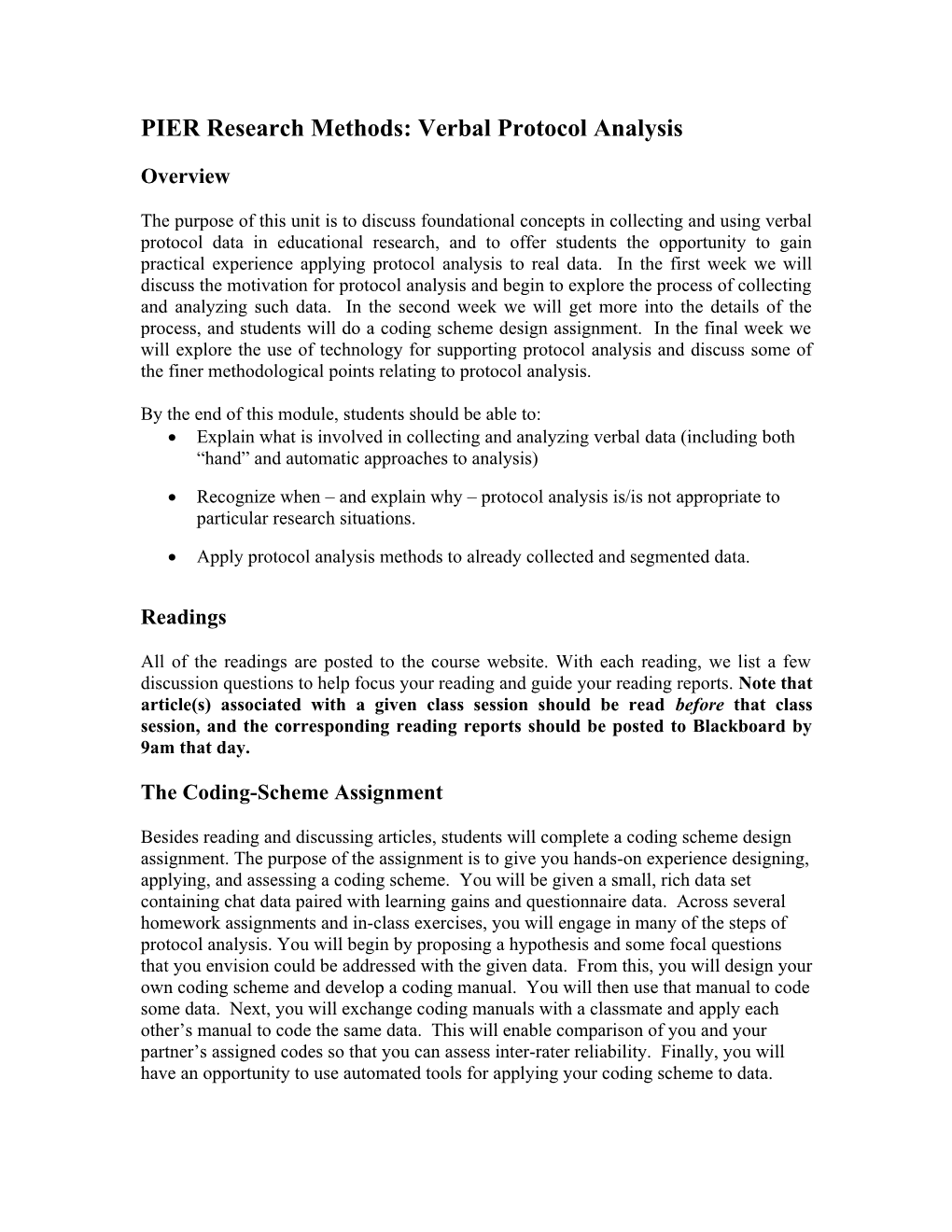 PIER Research Methods Protocol Analysis Module