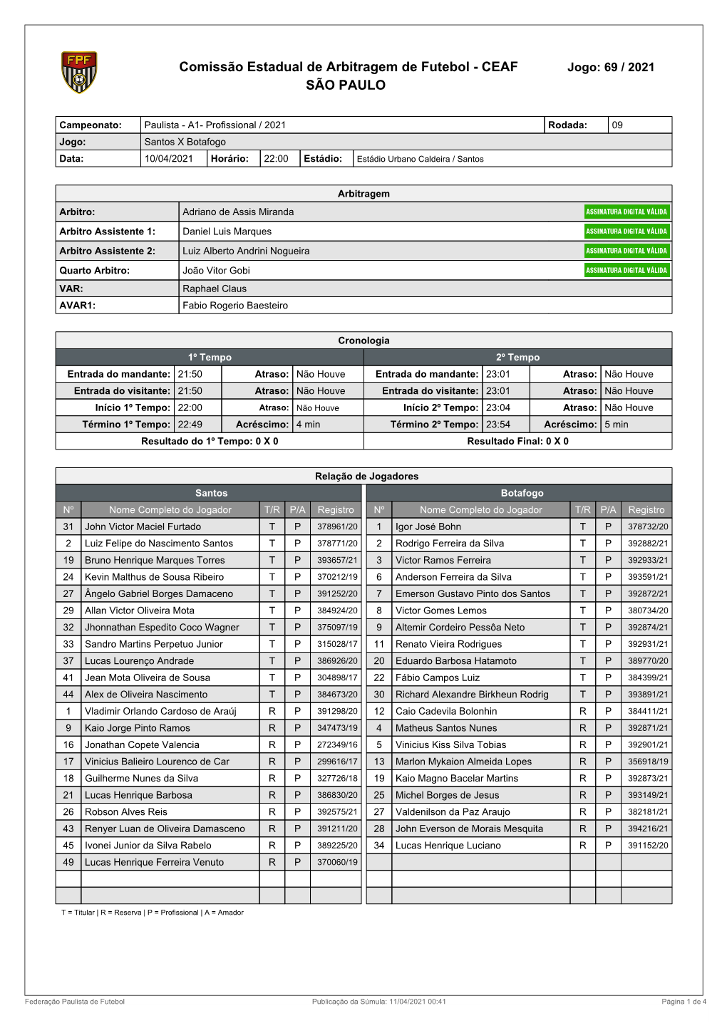 Comissão Estadual De Arbitragem De Futebol - CEAF Jogo: 69 / 2021 SÃO PAULO