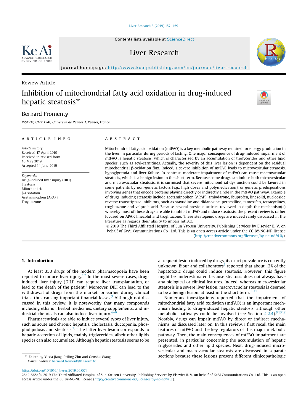 Inhibition of Mitochondrial Fatty Acid Oxidation in Drug-Induced Hepatic Steatosis*