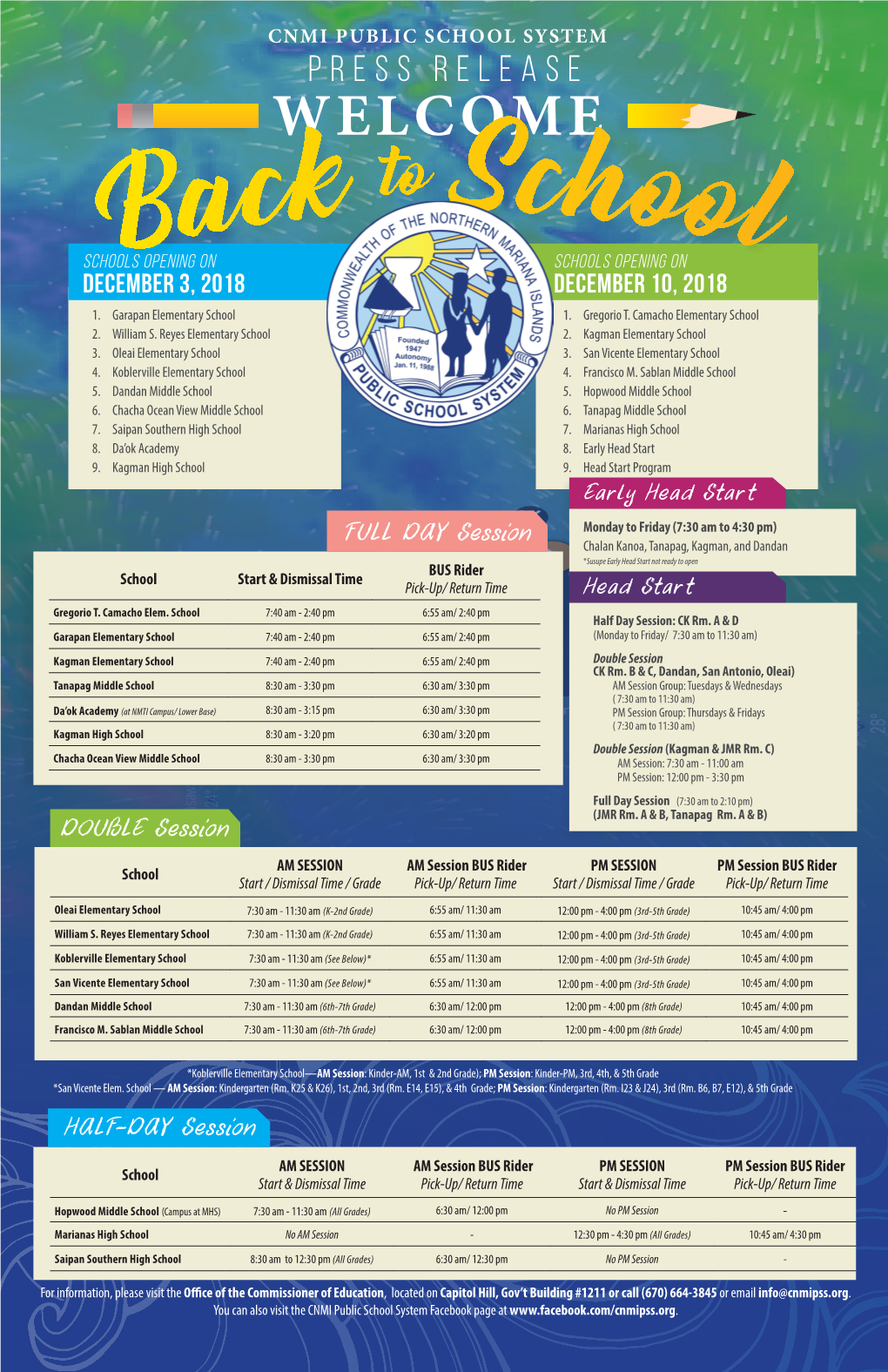 CNMI PUBLIC SCHOOL SYSTEM Press Release WELCOME to Back School Schools Opening on Schools Opening on December 3, 2018 December 10, 2018 1