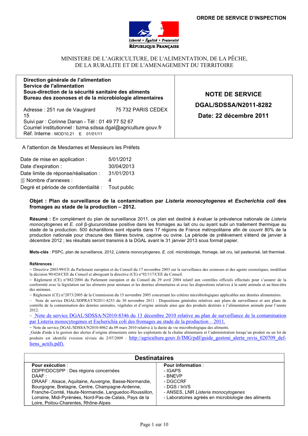 NOTE DE SERVICE DGAL/SDSSA/N2011-8282 Date