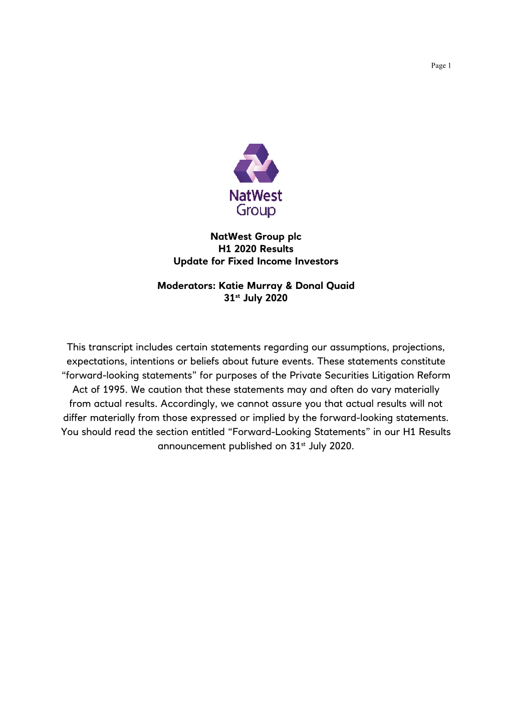 Natwest Group Plc H1 2020 Results Update for Fixed Income Investors