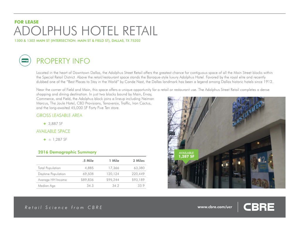 Adolphus Hotel Retail 1300 & 1302 Main St (Intersection: Main St & Field St), Dallas, Tx 75202