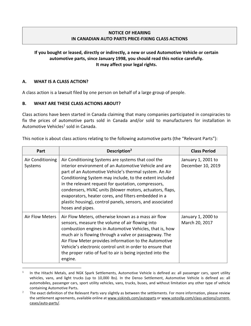 Notice of Hearing in Canadian Auto Parts Class Actions- Long