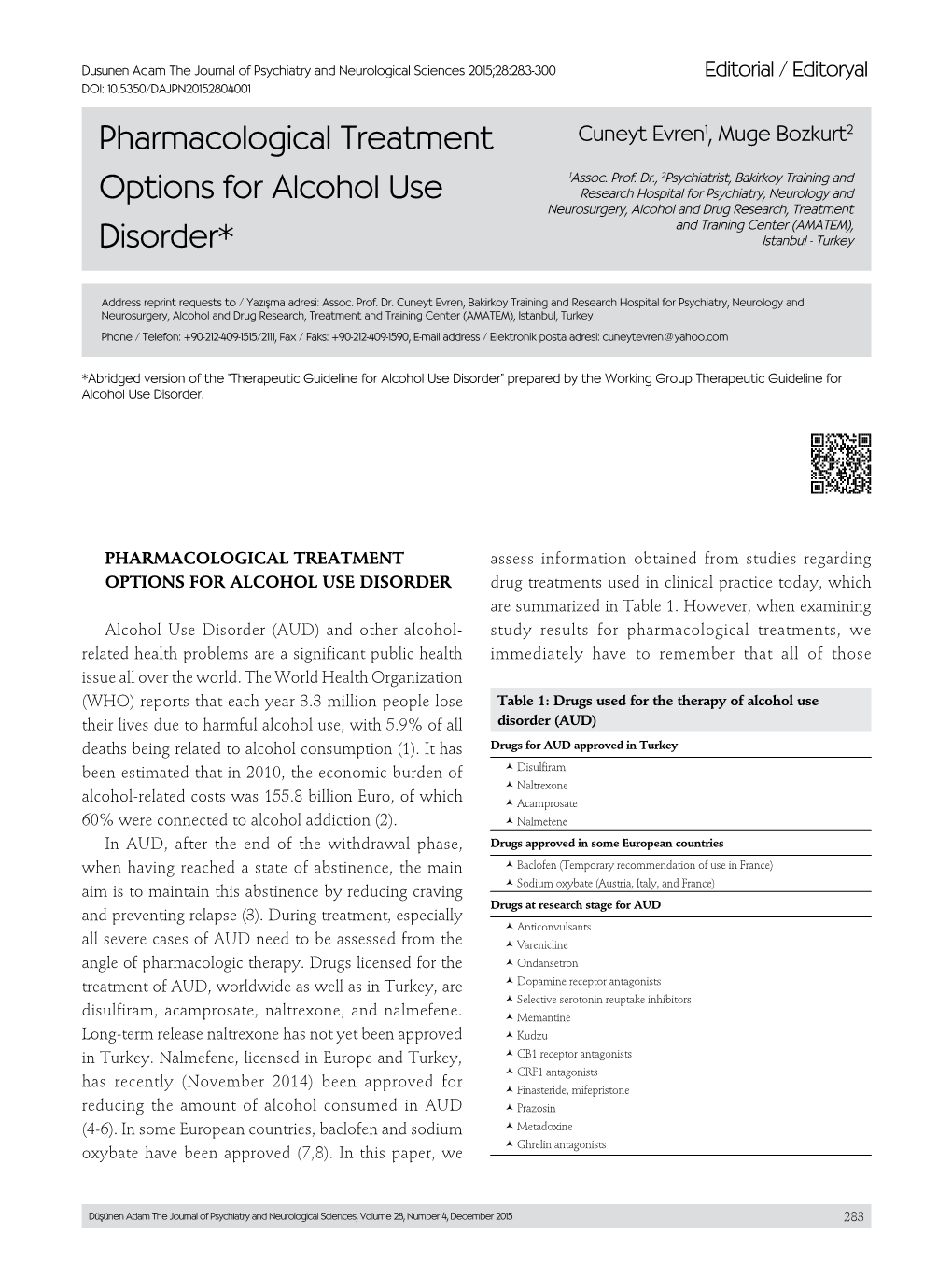 Pharmacological Treatment Options for Alcohol Use Disorder*