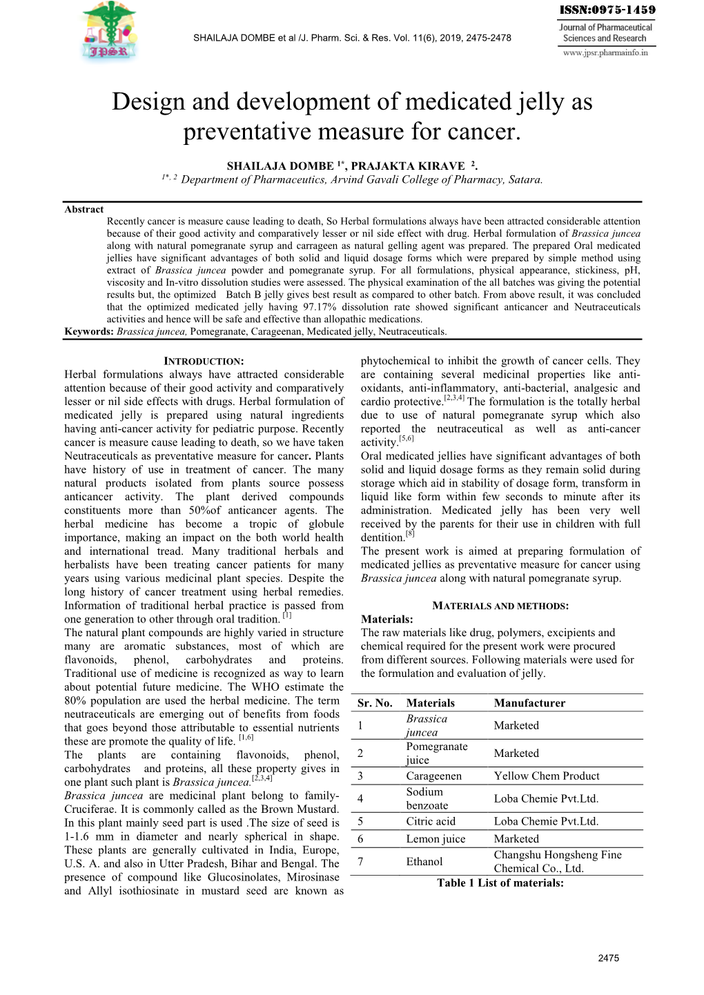 Design and Development of Medicated Jelly As Preventative Measure for Cancer