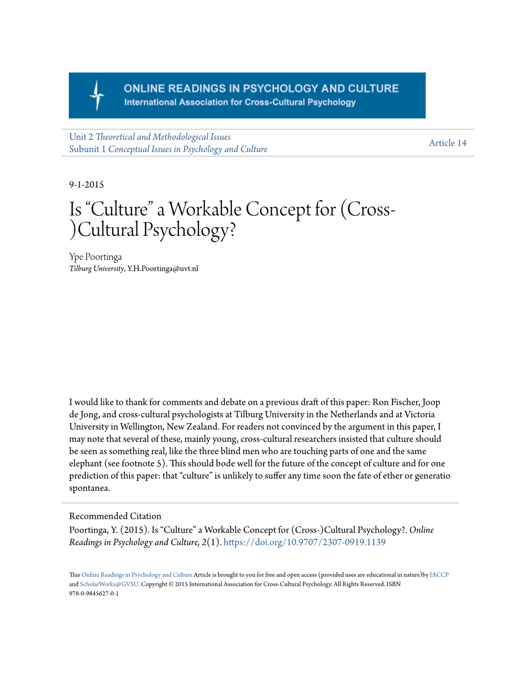 A Workable Concept for (Cross-)Cultural Psychology?