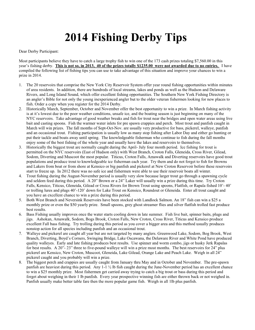 2014 Fishing Derby Tips