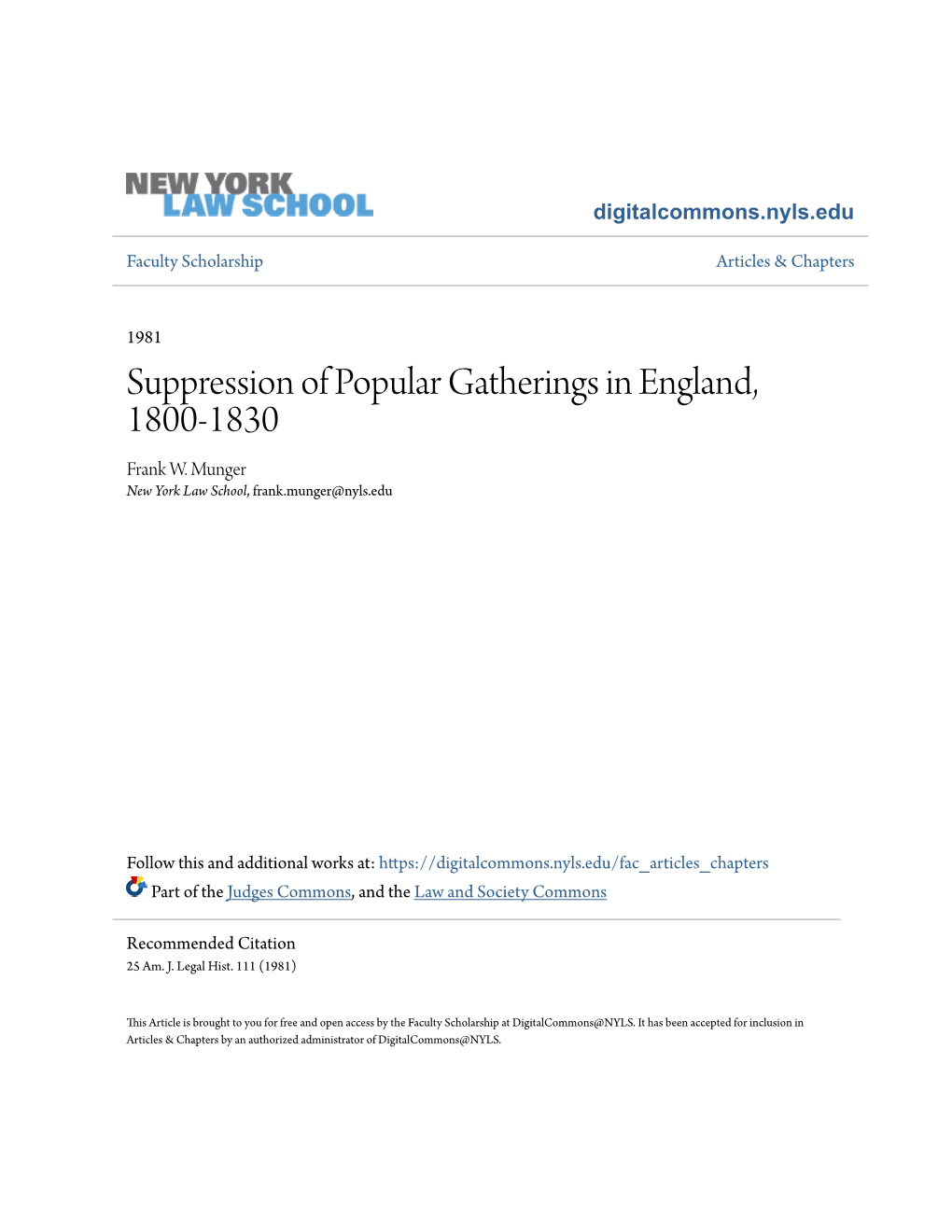 Suppression of Popular Gatherings in England, 1800-1830 Frank W