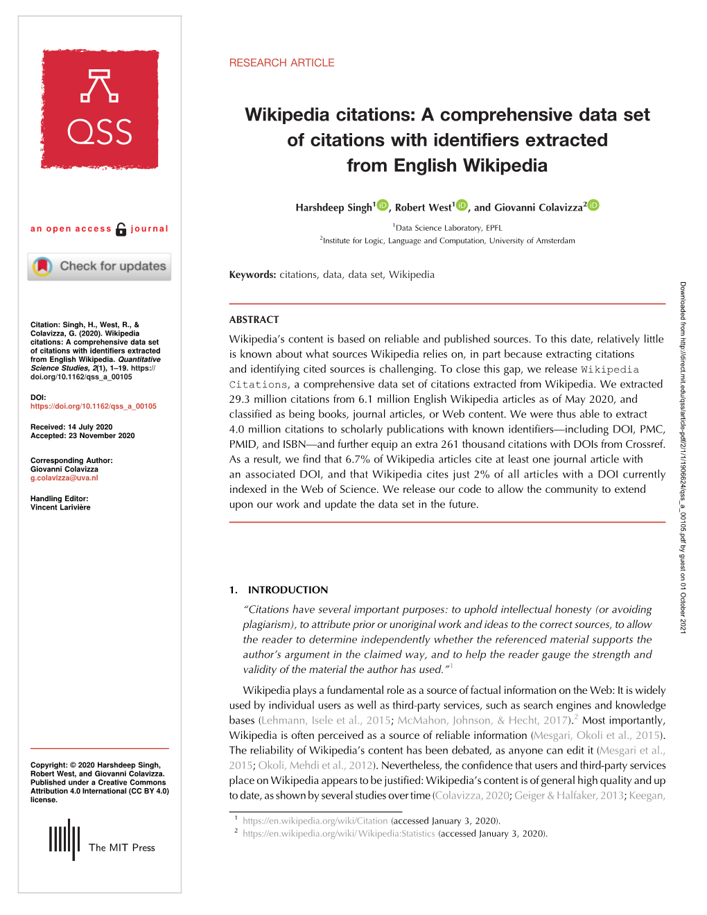 Wikipedia Citations: a Comprehensive Data Set of Citations with Identifiers Extracted from English Wikipedia