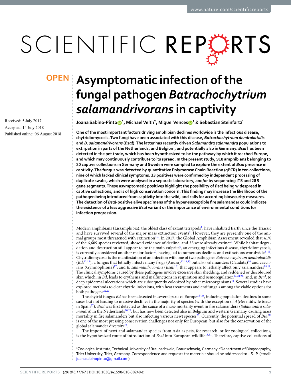 Asymptomatic Infection of the Fungal Pathogen Batrachochytrium