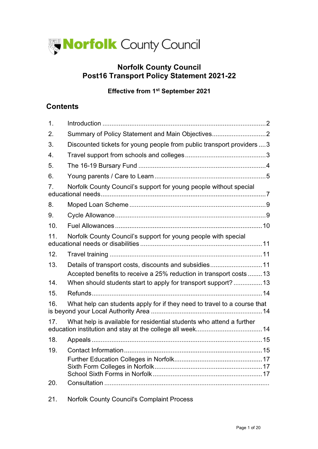 Post16 Transport Policy Statement 2021-22