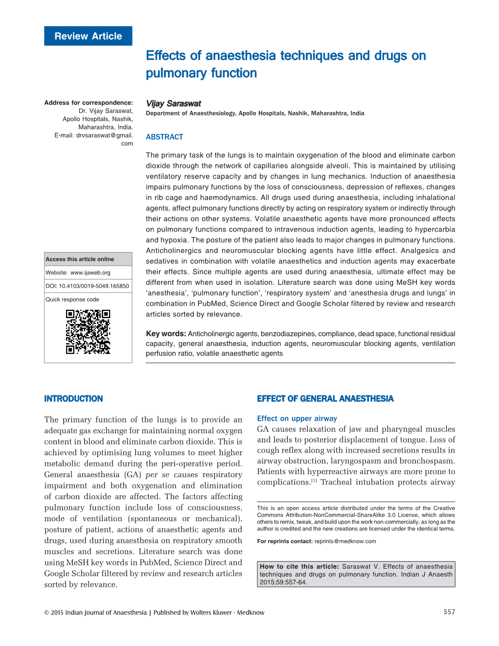 Effects of Anaesthesia Techniques and Drugs on Pulmonary Function