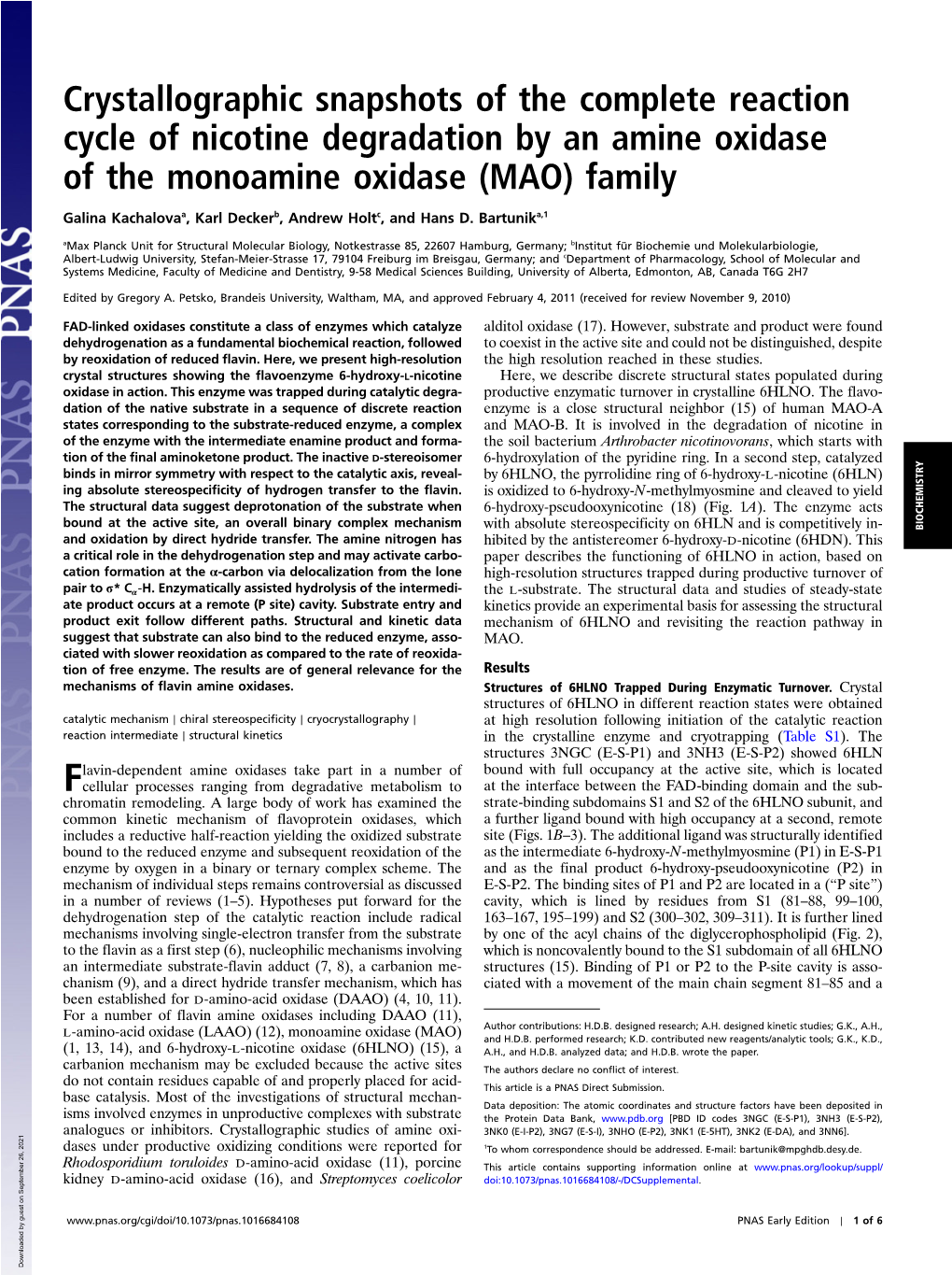 Crystallographic Snapshots of the Complete Reaction Cycle of Nicotine Degradation by an Amine Oxidase of the Monoamine Oxidase (MAO) Family