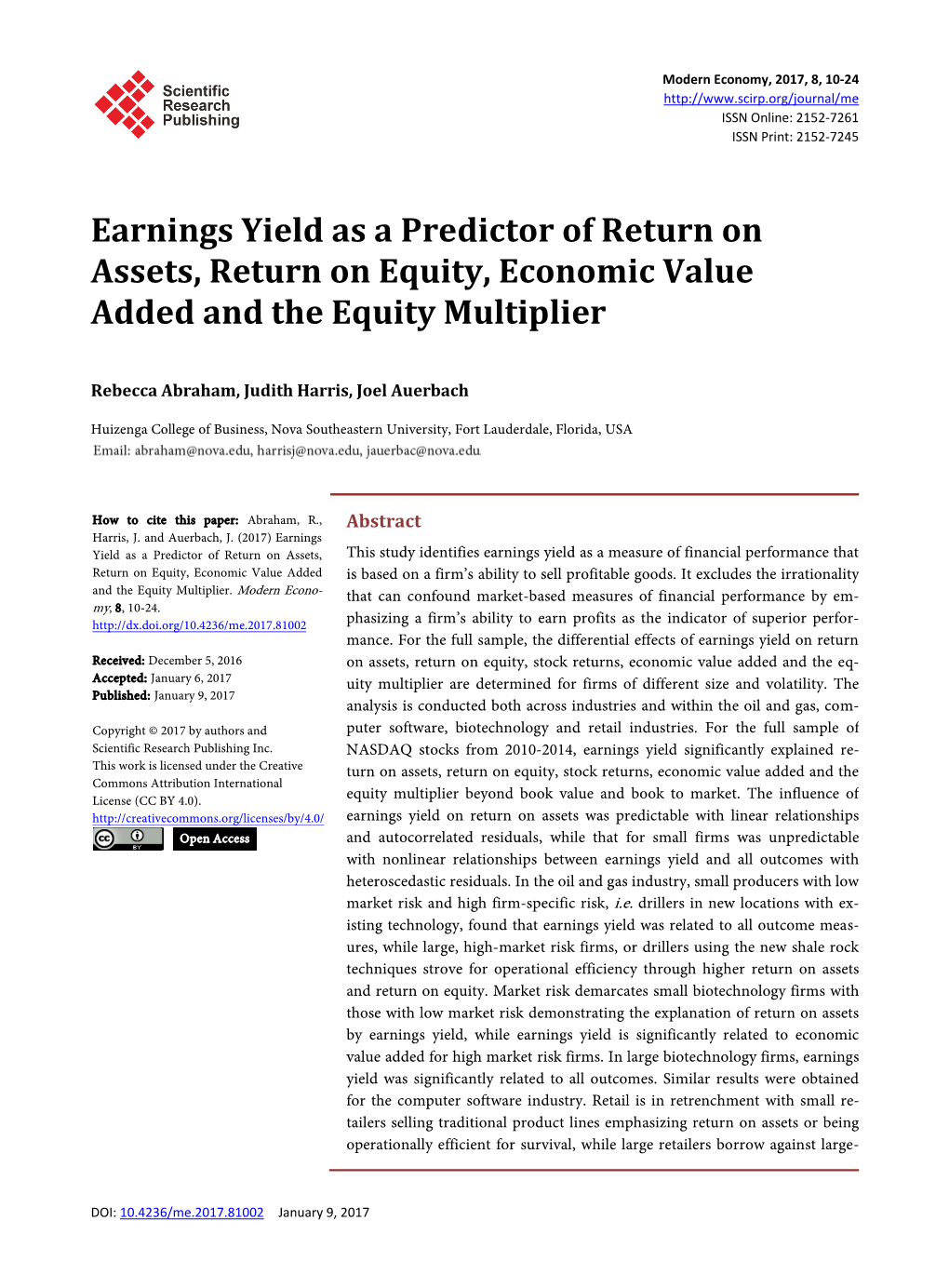 Earnings Yield As a Predictor of Return on Assets, Return on Equity, Economic Value Added and the Equity Multiplier