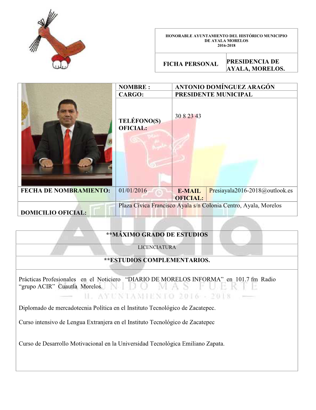 Ficha Personal Presidencia De Ayala, Morelos