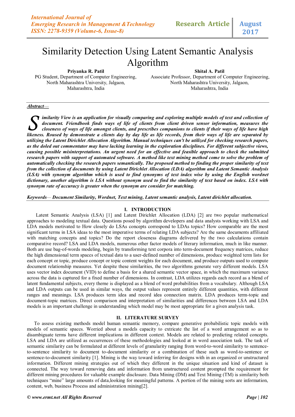 Similarity Detection Using Latent Semantic Analysis Algorithm Priyanka R