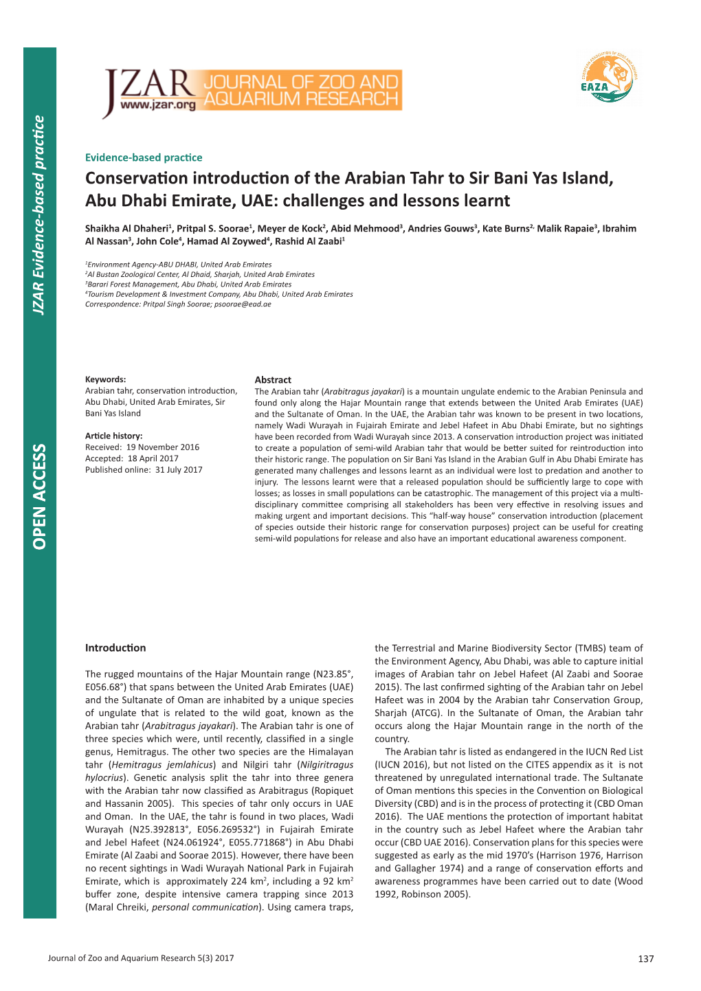 Conservation Introduction of the Arabian Tahr to Sir Bani Yas Island, Abu Dhabi Emirate