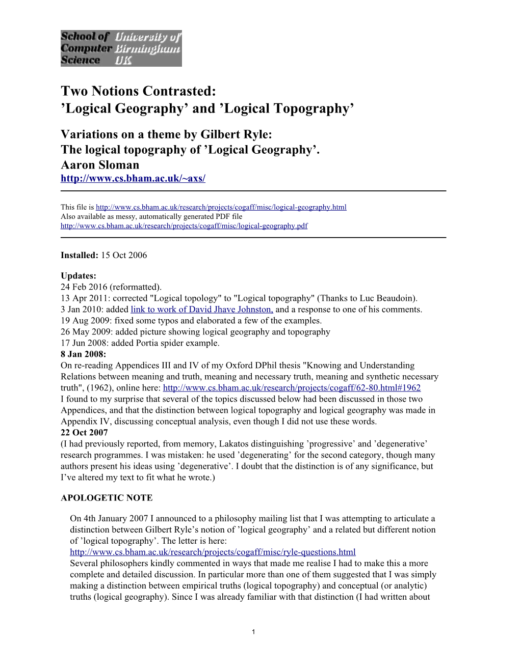 Logical Geography and Topography Aaron Sloman