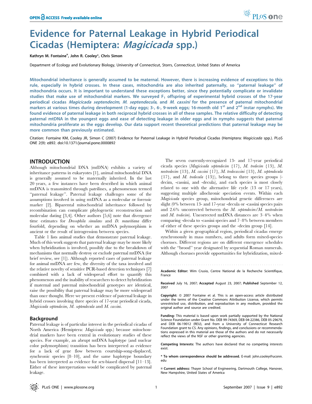 Evidence for Paternal Leakage in Hybrid Periodical Cicadas (Hemiptera: Magicicada Spp.) Kathryn M