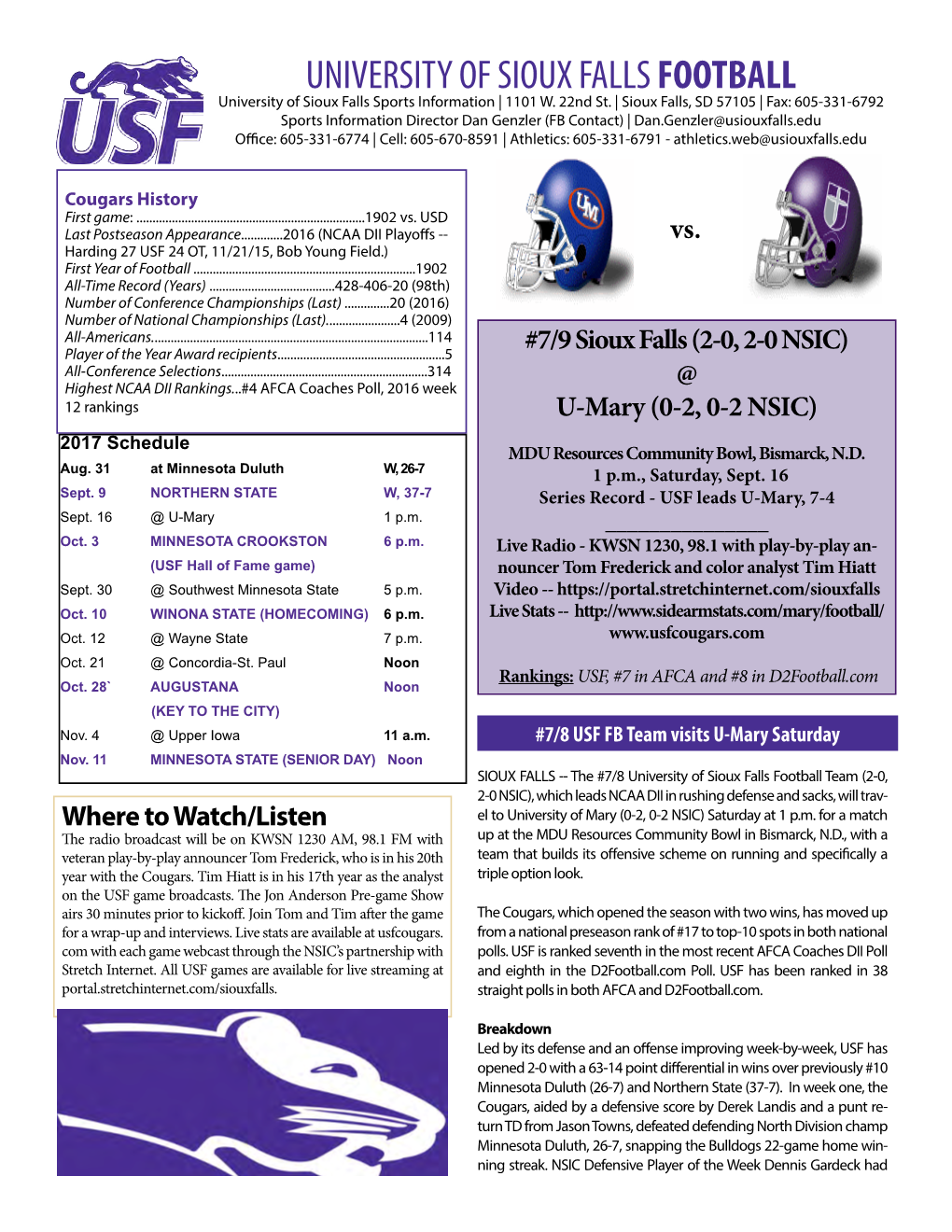 UNIVERSITY of SIOUX FALLS FOOTBALL University of Sioux Falls Sports Information | 1101 W