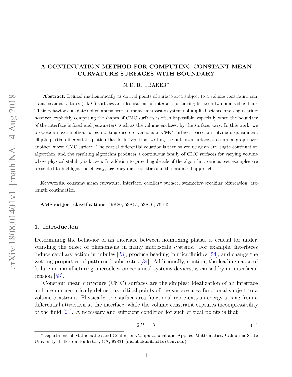 Arxiv:1808.01401V1 [Math.NA] 4 Aug 2018 Failure in Manufacturing Microelectromechanical Systems Devices, Is Caused by an Interfacial Tension [53]