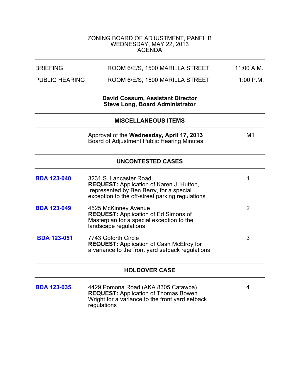 Zoning Board of Adjustment, Panel B Wednesday, May 22, 2013 Agenda