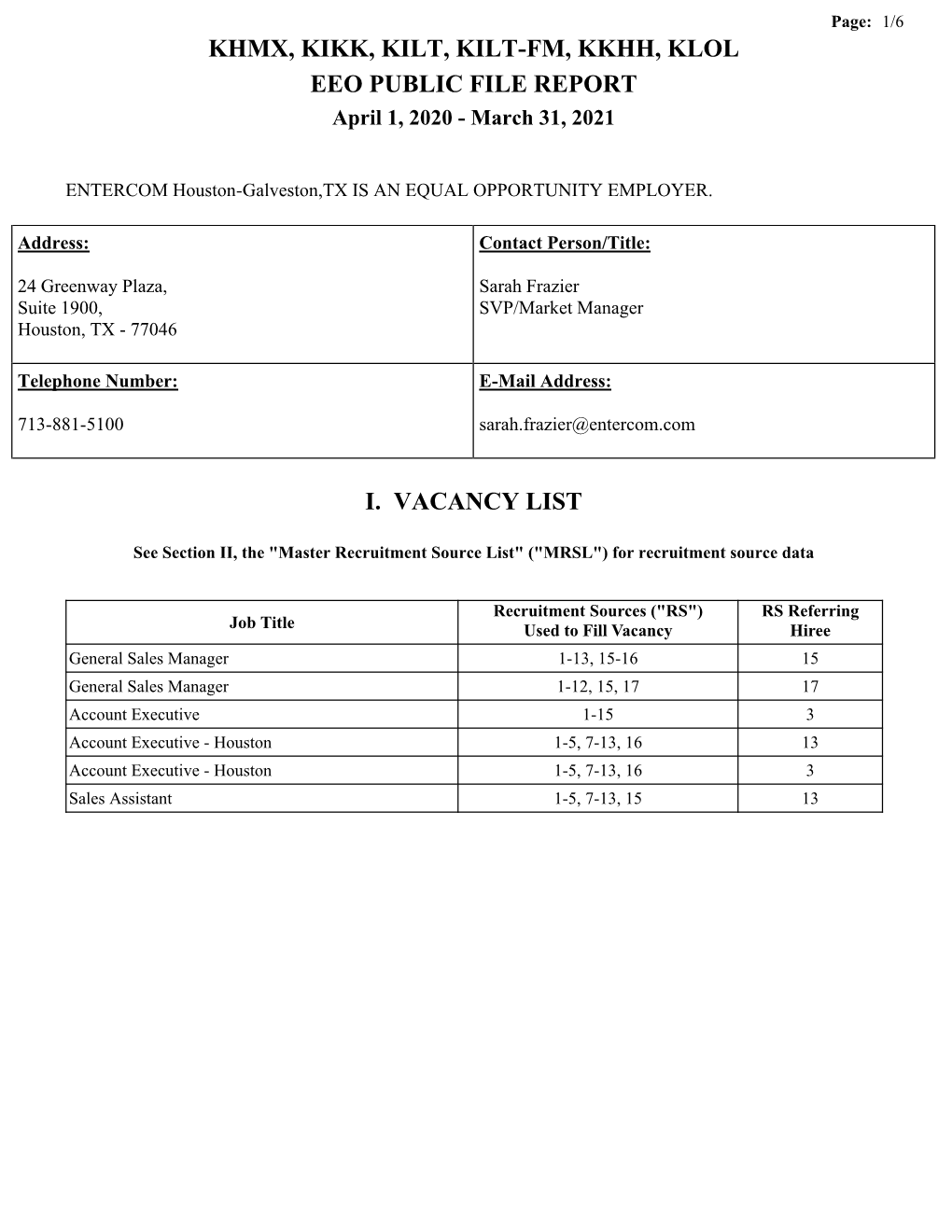 Khmx, Kikk, Kilt, Kilt-Fm, Kkhh, Klol Eeo Public File Report I. Vacancy List