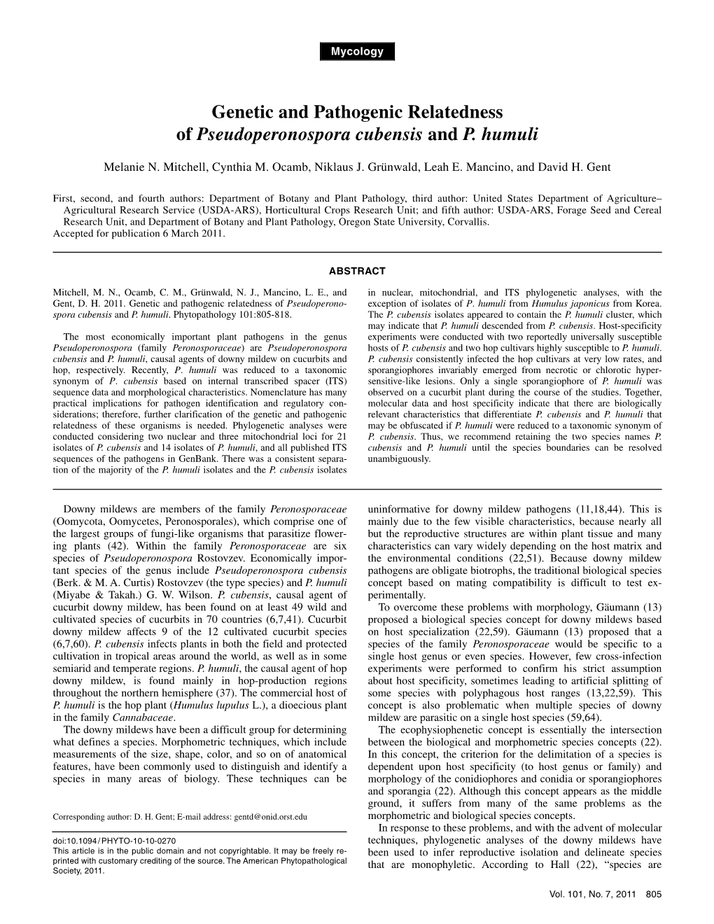 Genetic and Pathogenic Relatedness of Pseudoperonospora Cubensis and P. Humuli