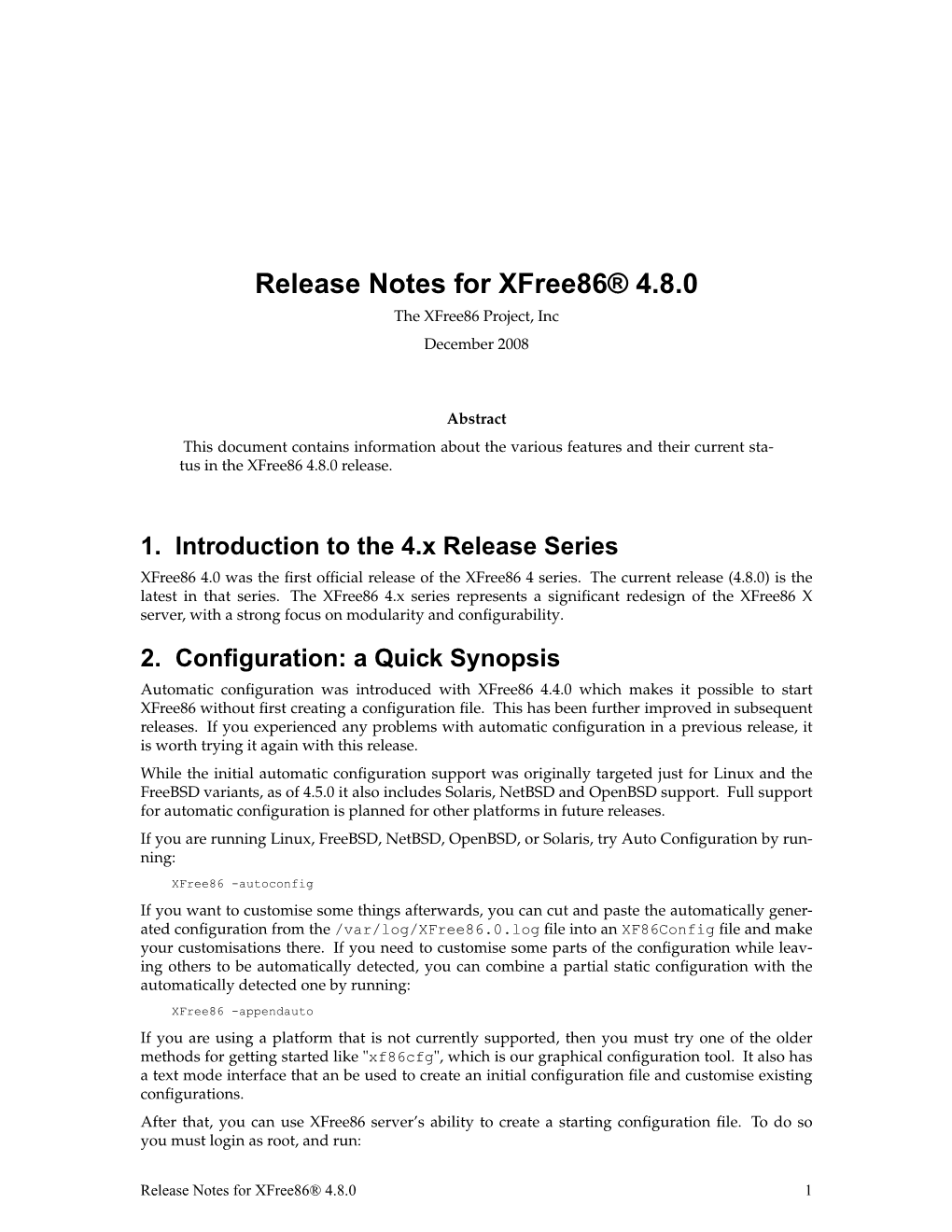 Release Notes for Xfree86® 4.8.0 the Xfree86 Project, Inc December 2008