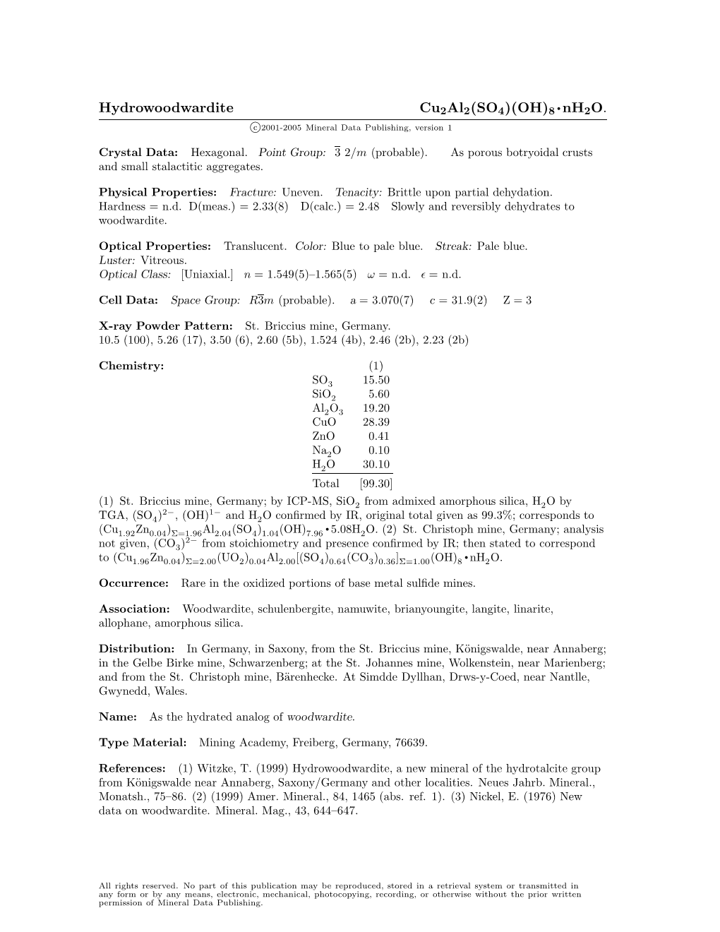 Hydrowoodwardite Cu2al2(SO4)(OH)8 • Nh2o. C 2001-2005 Mineral Data Publishing, Version 1